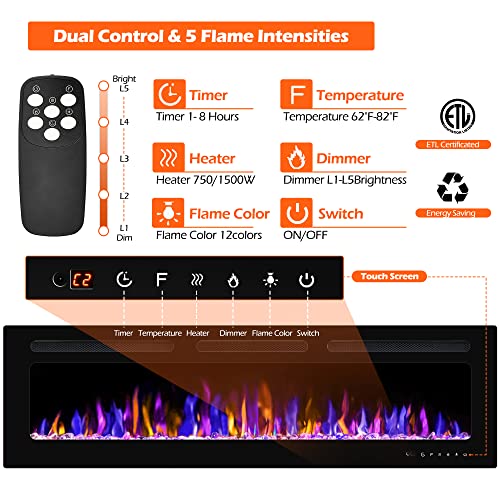 BETELNUT 50" Electric Fireplace Wall Mounted/Recessed, Remote Control, Adjustable Heat, Multi-Color Flames, ETL Certified