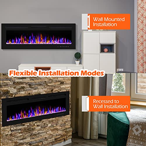 BETELNUT 50" Electric Fireplace Wall Mounted/Recessed, Remote Control, Adjustable Heat, Multi-Color Flames, ETL Certified