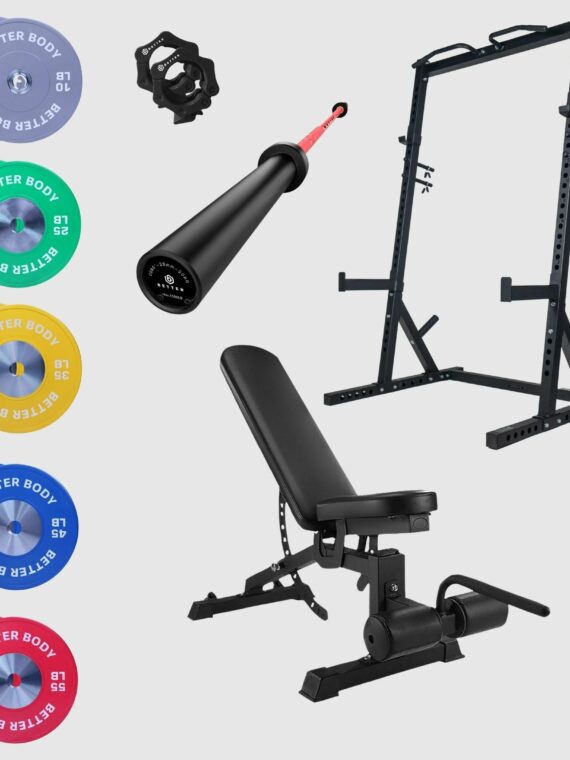 Better Body Home Gym Power Bundle: Incline Squat Rack, 10-55lbs Plates, Competition Barbell, Adjustable Bench, Collars