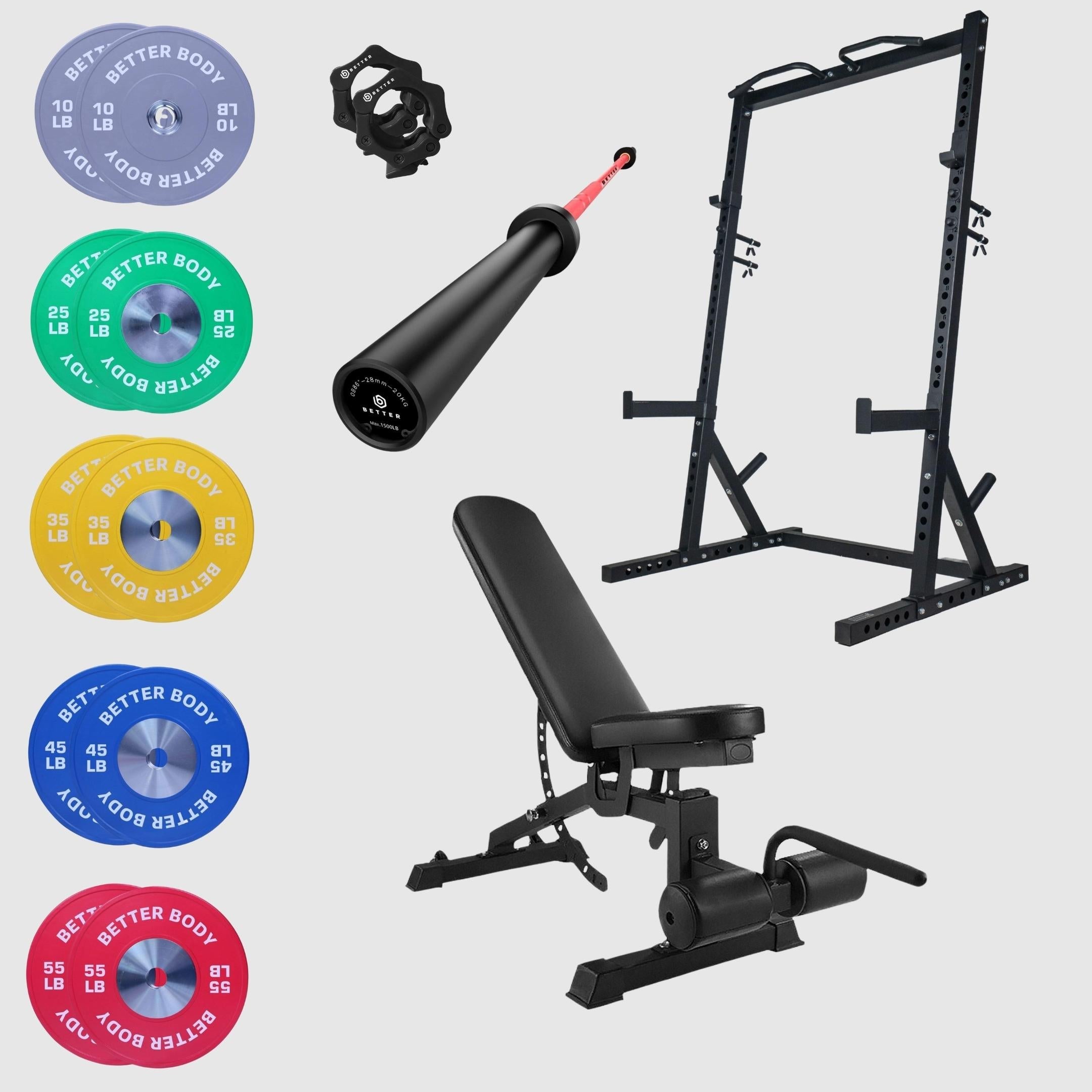 Better Body Home Gym Power Bundle: Incline Squat Rack, 10-55lbs Plates, Competition Barbell, Adjustable Bench, Collars