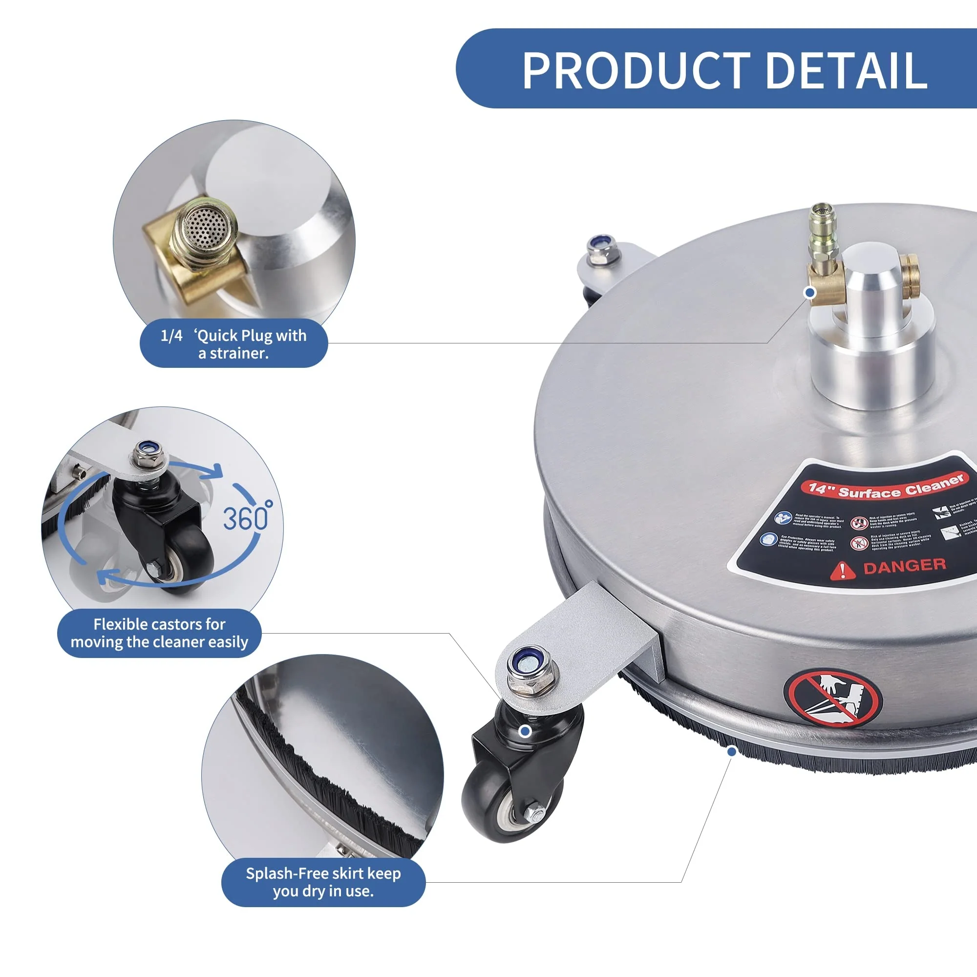 Biswing 14" Stainless Steel Pressure Washer Surface Cleaner with Wheels, 4000 PSI, Quick Connect, Includes Extension Wands & Nozzles
