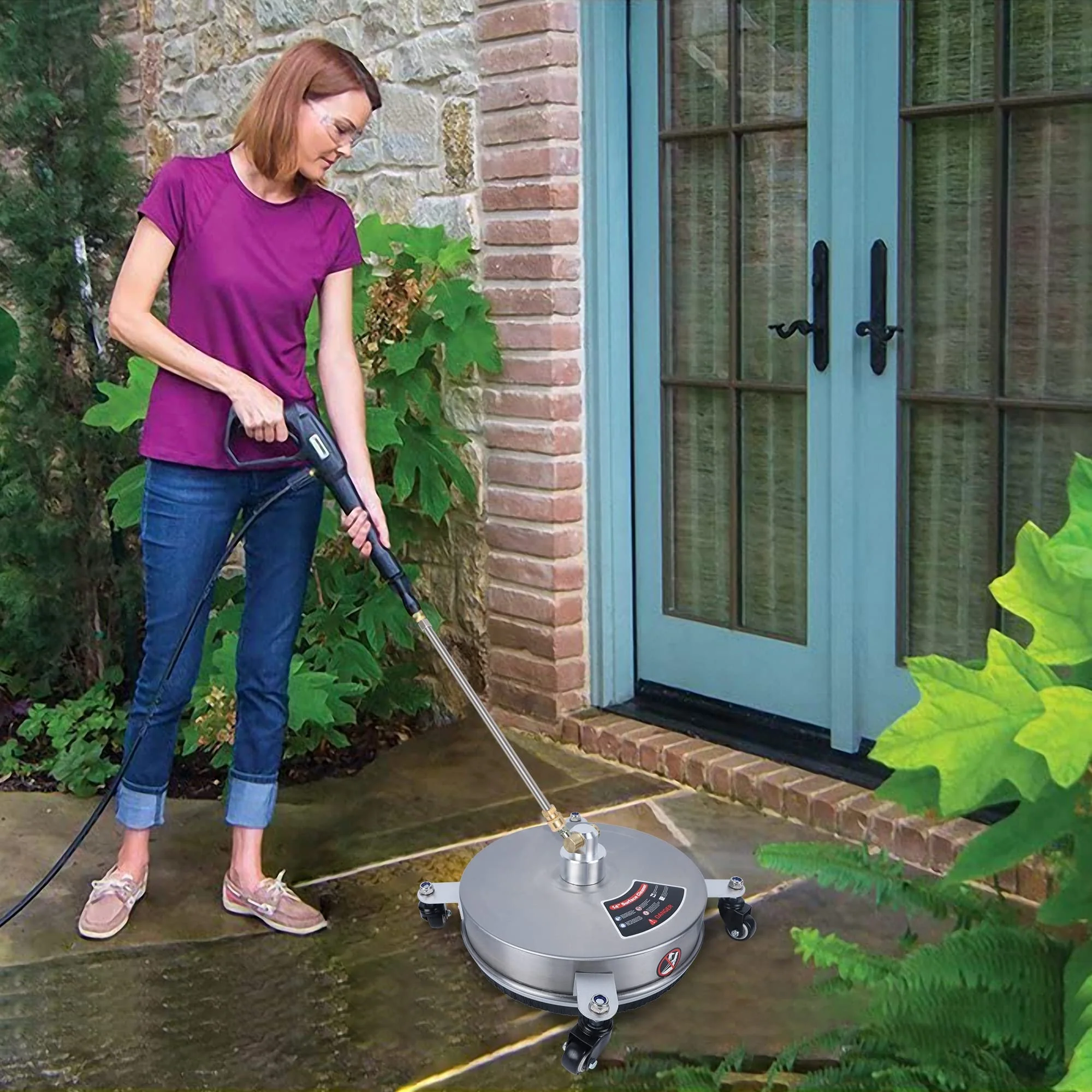 Biswing 14" Stainless Steel Pressure Washer Surface Cleaner with Wheels, 4000 PSI, Quick Connect, Includes Extension Wands & Nozzles