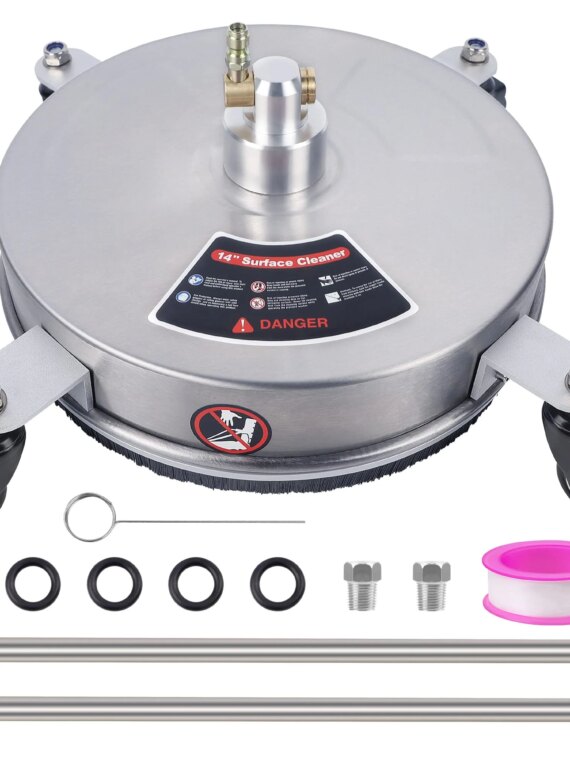 Biswing 14" Stainless Steel Pressure Washer Surface Cleaner with Wheels, 4000 PSI, Quick Connect, Includes Extension Wands & Nozzles