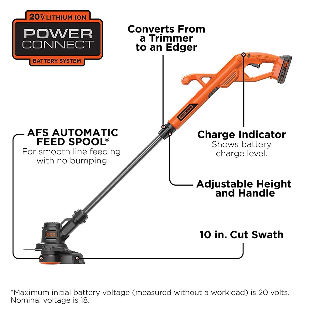 BLACK+DECKER 20V MAX Cordless String Trimmer/Edger Kit with AFS, 10" Adjustable Design, Lithium Battery