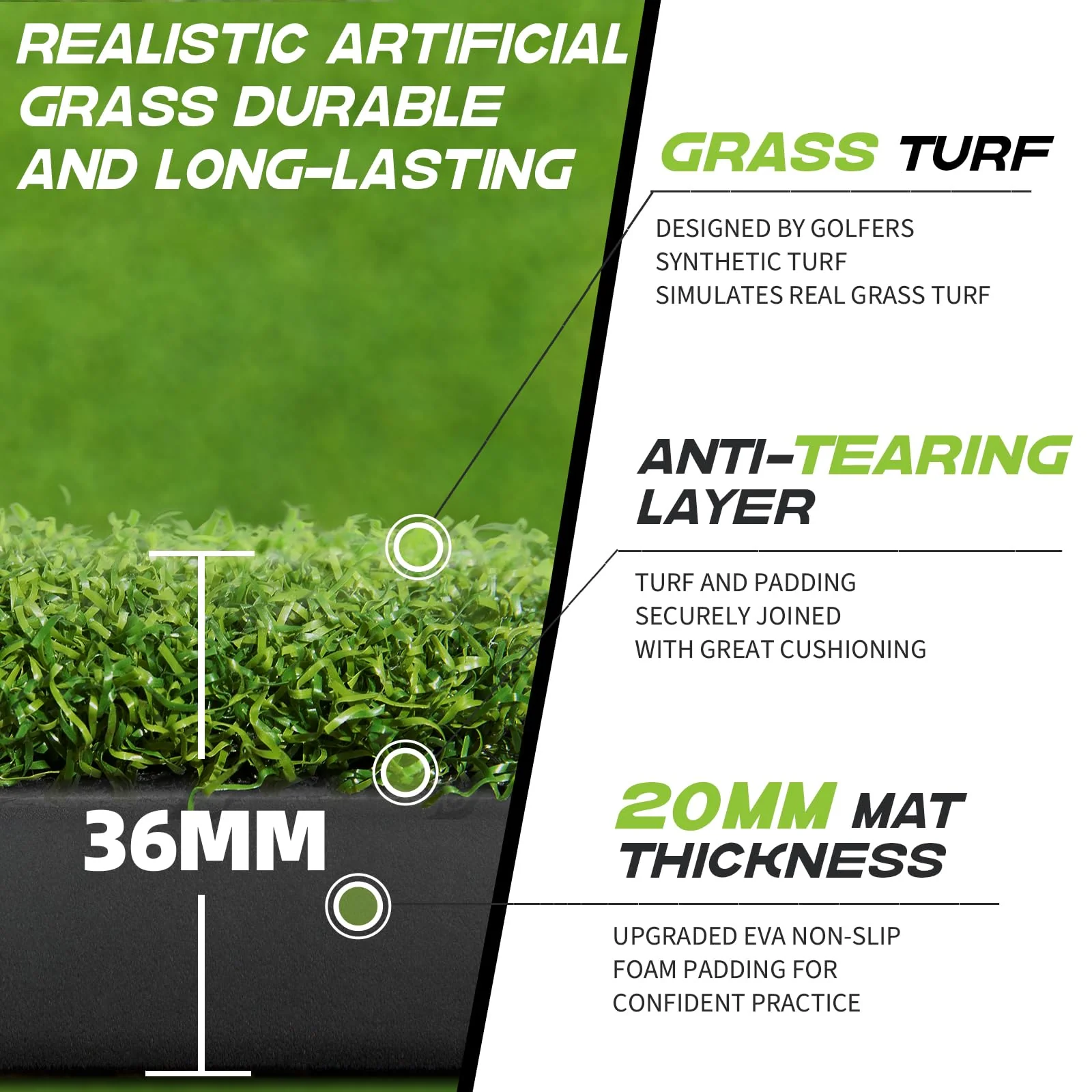 Bltend Golf Mat 4.9x3.83ft - Durable 36mm Thick Practice Mat with 6 Tee Positions for Indoor/Outdoor Use, Includes Balls & Tees