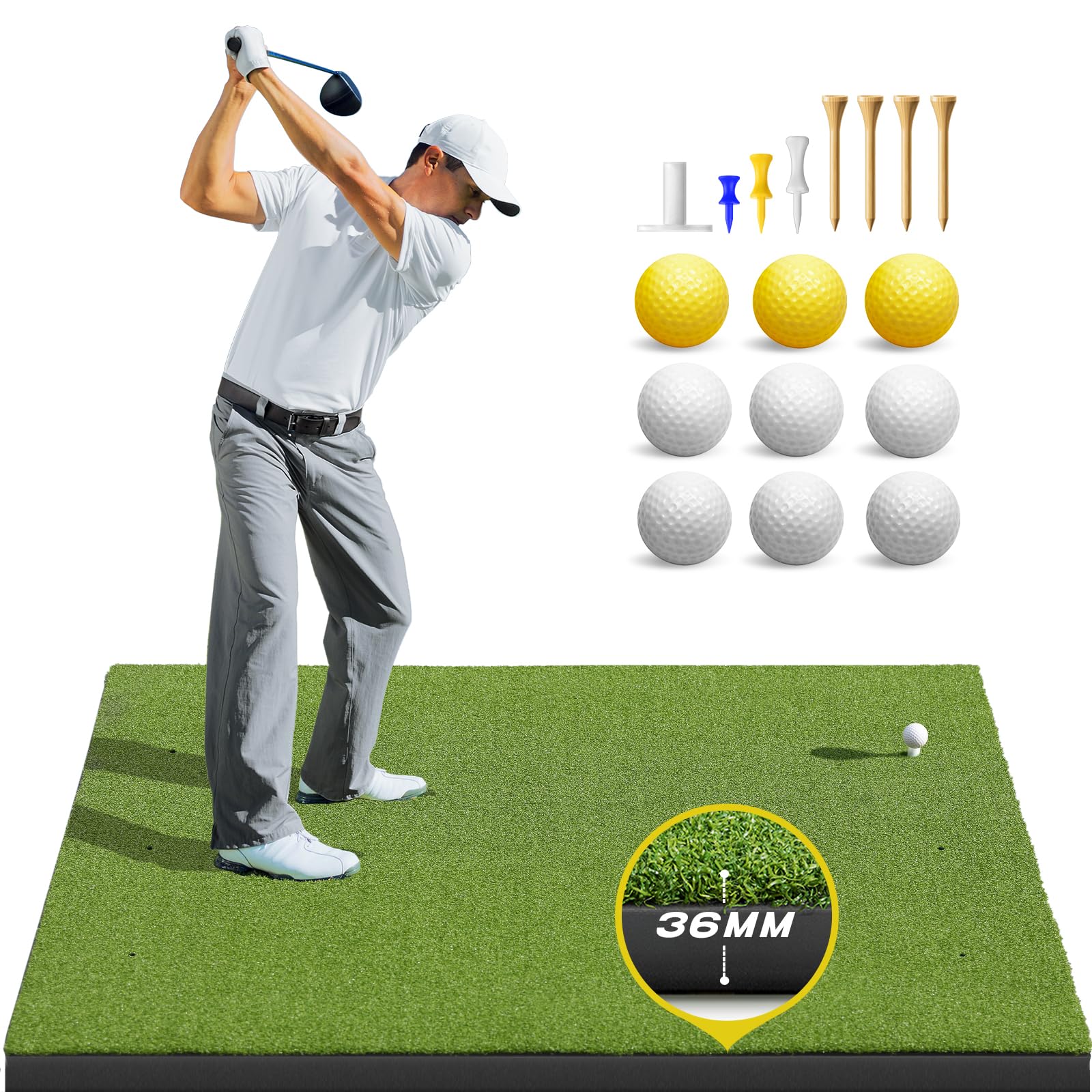 Bltend Golf Mat 4.9x3.83ft - Durable 36mm Thick Practice Mat with 6 Tee Positions for Indoor/Outdoor Use, Includes Balls & Tees