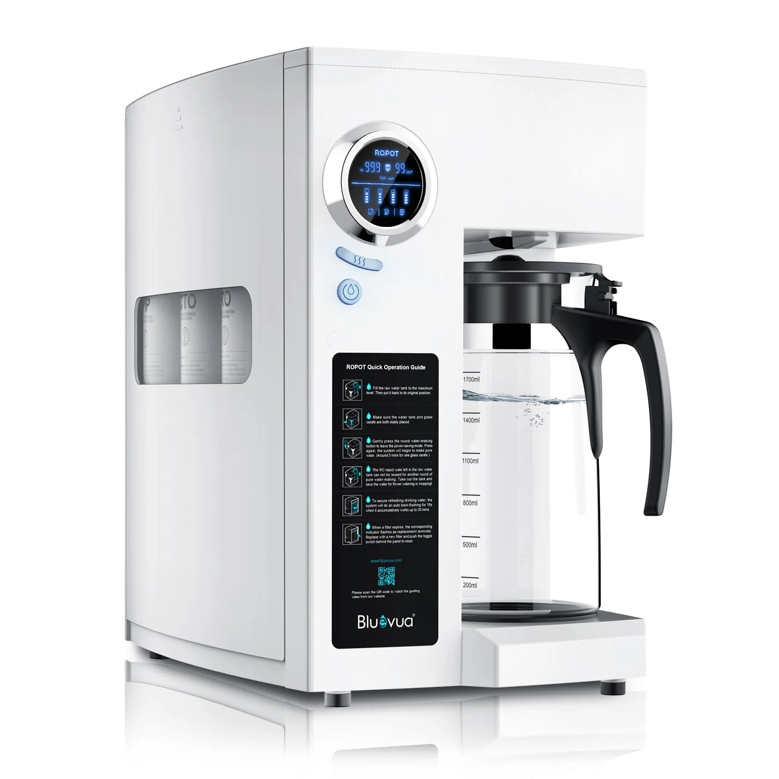 Bluevua RO100ROPOT-UV Countertop Reverse Osmosis Water Filter System with UV Light & Carafe