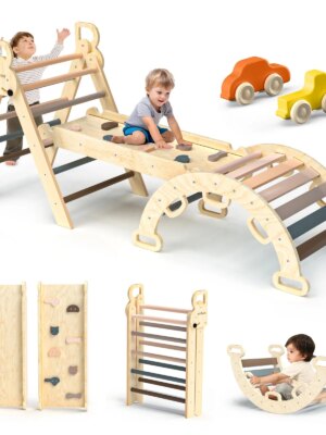 BlueWood 7-in-1 Foldable Pikler Triangle Set with Arch Ladder & Slide, Safe Natural Wood Baby Climbing Toys