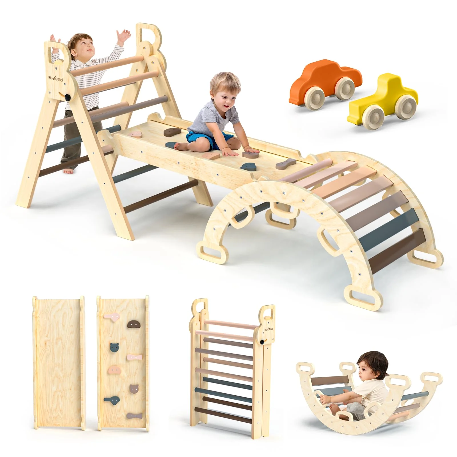 BlueWood 7-in-1 Foldable Pikler Triangle Set with Arch Ladder & Slide, Safe Natural Wood Baby Climbing Toys