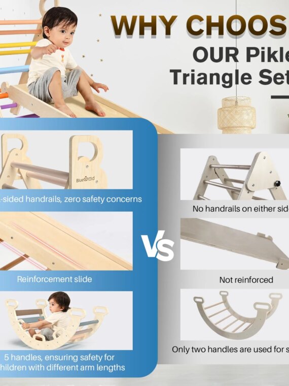 BlueWood 7-in-1 Foldable Pikler Triangle Set with Arch Ladder & Slide, Safe Natural Wood Baby Climbing Toys