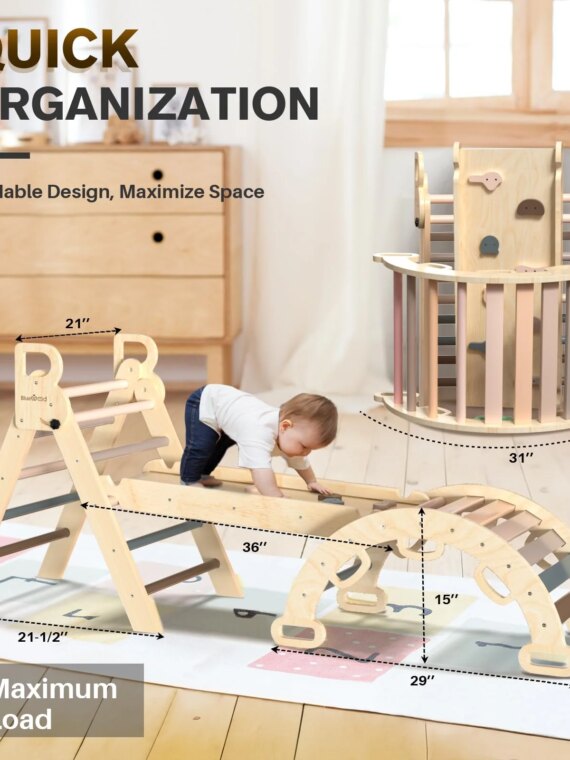 BlueWood 7-in-1 Foldable Pikler Triangle Set with Arch Ladder & Slide, Safe Natural Wood Baby Climbing Toys