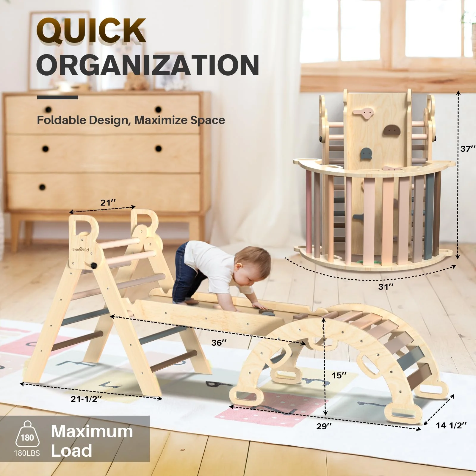 BlueWood 7-in-1 Foldable Pikler Triangle Set with Arch Ladder & Slide, Safe Natural Wood Baby Climbing Toys