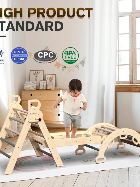 BlueWood 7-in-1 Foldable Pikler Triangle Set with Arch Ladder & Slide, Safe Natural Wood Baby Climbing Toys