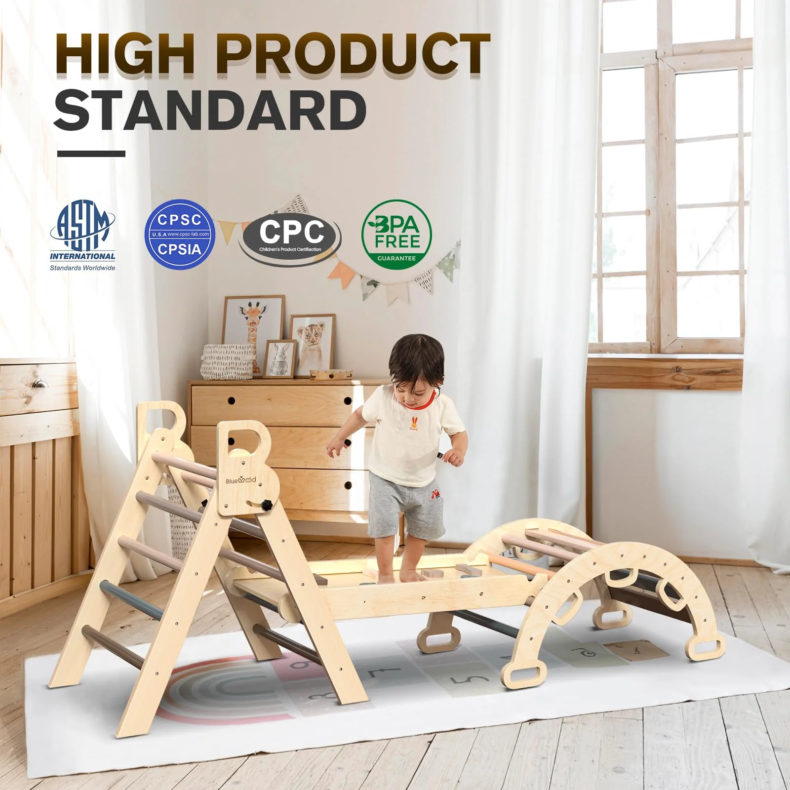 BlueWood 7-in-1 Foldable Pikler Triangle Set with Arch Ladder & Slide, Safe Natural Wood Baby Climbing Toys