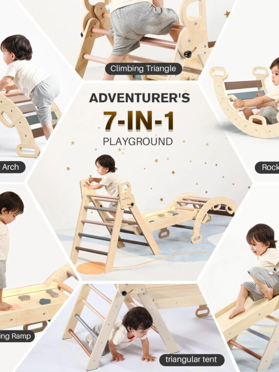 BlueWood 7-in-1 Foldable Pikler Triangle Set with Arch Ladder & Slide, Safe Natural Wood Baby Climbing Toys