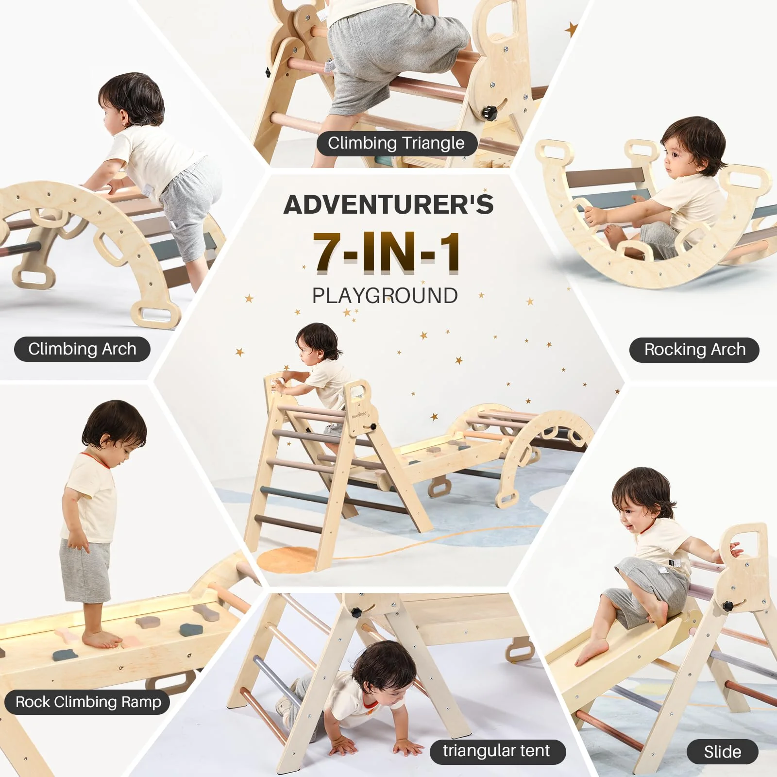 BlueWood 7-in-1 Foldable Pikler Triangle Set with Arch Ladder & Slide, Safe Natural Wood Baby Climbing Toys