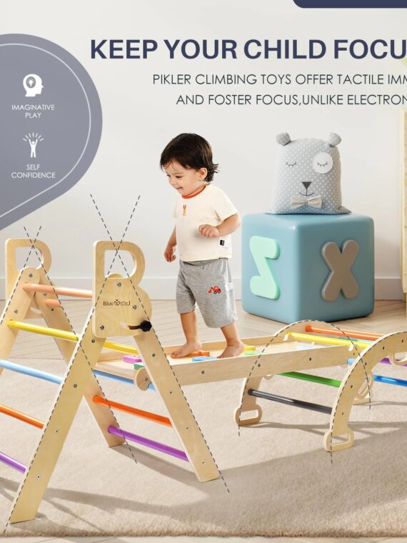 BlueWood 7-in-1 Pikler Triangle Climbing Set for Toddlers, Foldable, FSC-Certified Wood, Includes Slide & Arch Ladder
