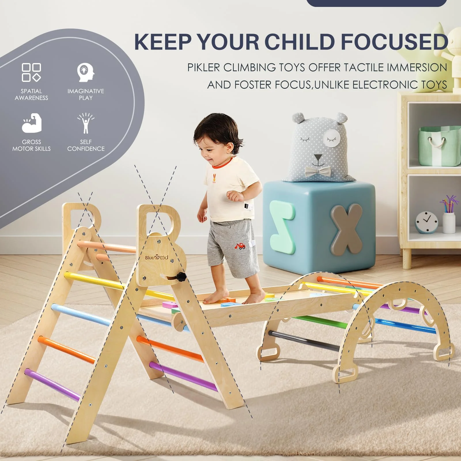 BlueWood 7-in-1 Pikler Triangle Climbing Set for Toddlers, Foldable, FSC-Certified Wood, Includes Slide & Arch Ladder