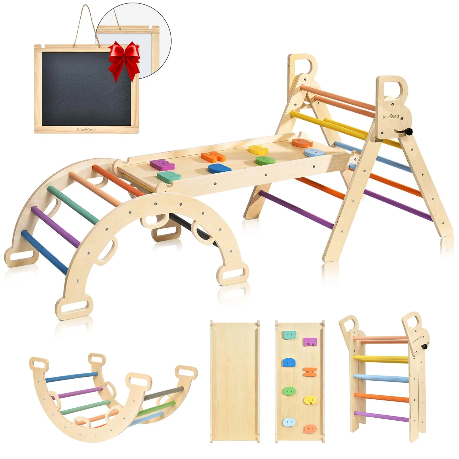 BlueWood 7-in-1 Pikler Triangle Climbing Set for Toddlers, Foldable, FSC-Certified Wood, Includes Slide & Arch Ladder