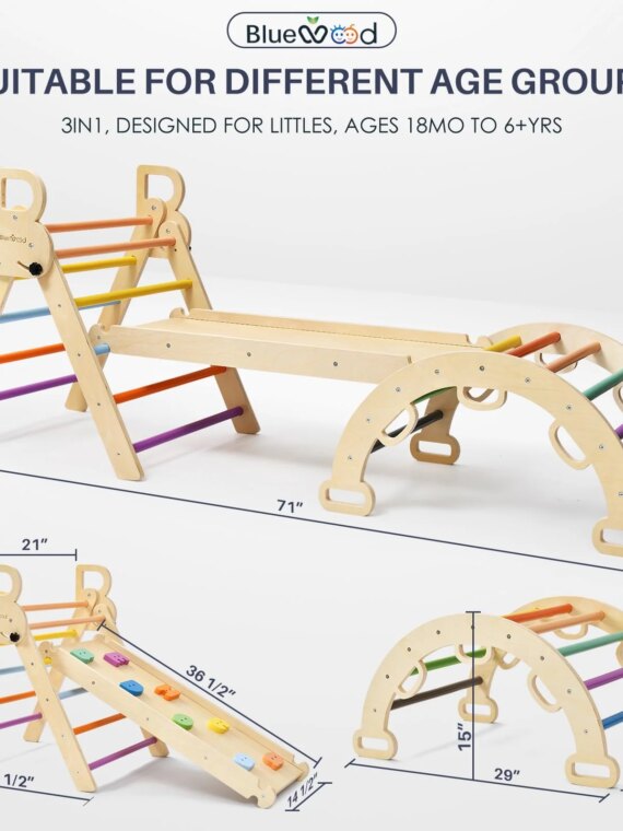 BlueWood 7-in-1 Pikler Triangle Climbing Set for Toddlers, Foldable, FSC-Certified Wood, Includes Slide & Arch Ladder