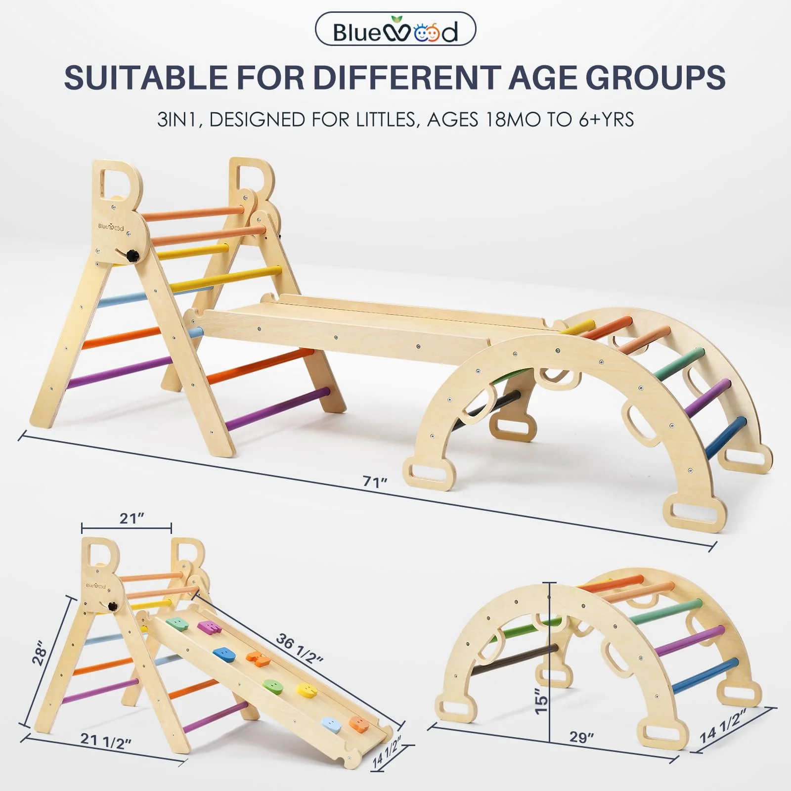 BlueWood 7-in-1 Pikler Triangle Climbing Set for Toddlers, Foldable, FSC-Certified Wood, Includes Slide & Arch Ladder