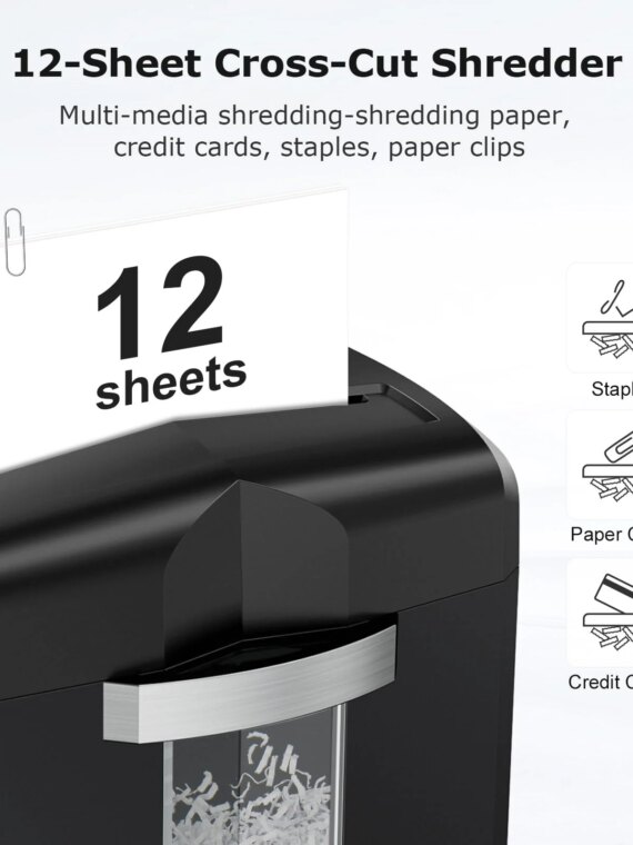 Bonsaii 12-Sheet Cross-Cut Paper Shredder, P-4 High Security, 20-Min Continuous Run, Jam Proof