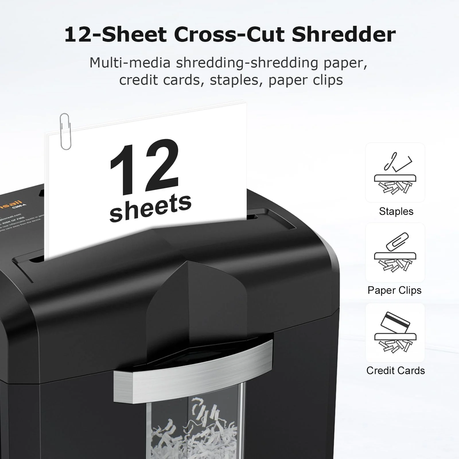 Bonsaii 12-Sheet Cross-Cut Paper Shredder, P-4 High Security, 20-Min Continuous Run, Jam Proof