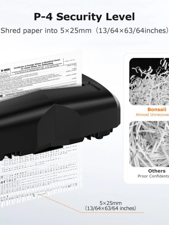 Bonsaii 12-Sheet Cross-Cut Paper Shredder, P-4 High Security, 20-Min Continuous Run, Jam Proof