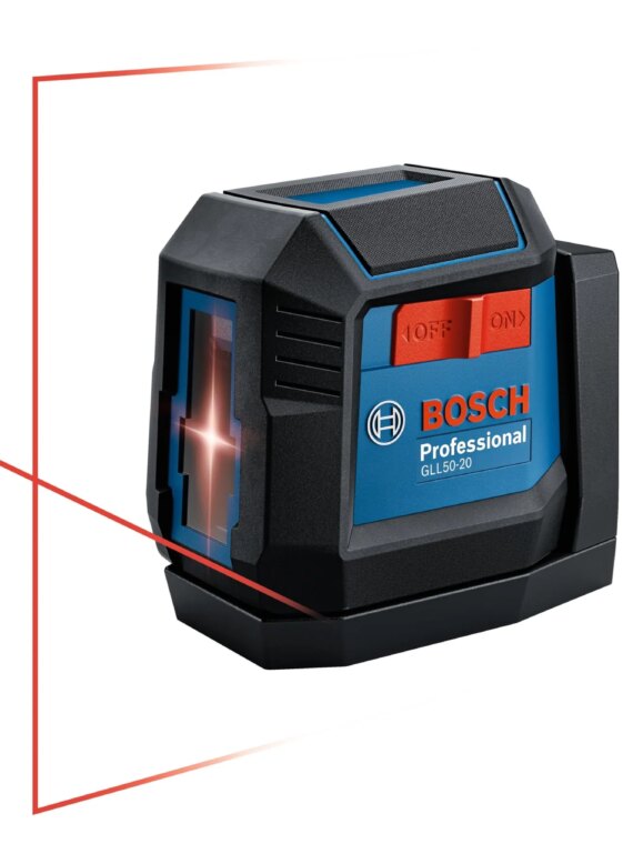 BOSCH 50 Ft Self-Leveling Cross-Line Laser with Magnetic Mount & Batteries, IP55 Rated, High Accuracy, Compact Design