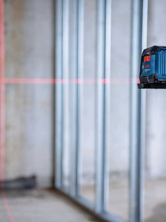 BOSCH 50 Ft Self-Leveling Cross-Line Laser with Magnetic Mount & Batteries, IP55 Rated, High Accuracy, Compact Design