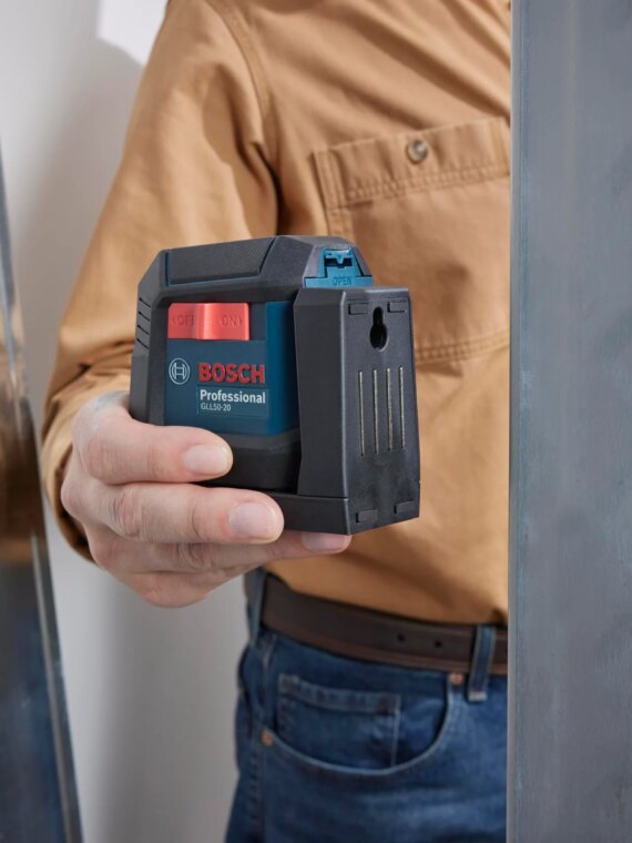 BOSCH 50 Ft Self-Leveling Cross-Line Laser with Magnetic Mount & Batteries, IP55 Rated, High Accuracy, Compact Design