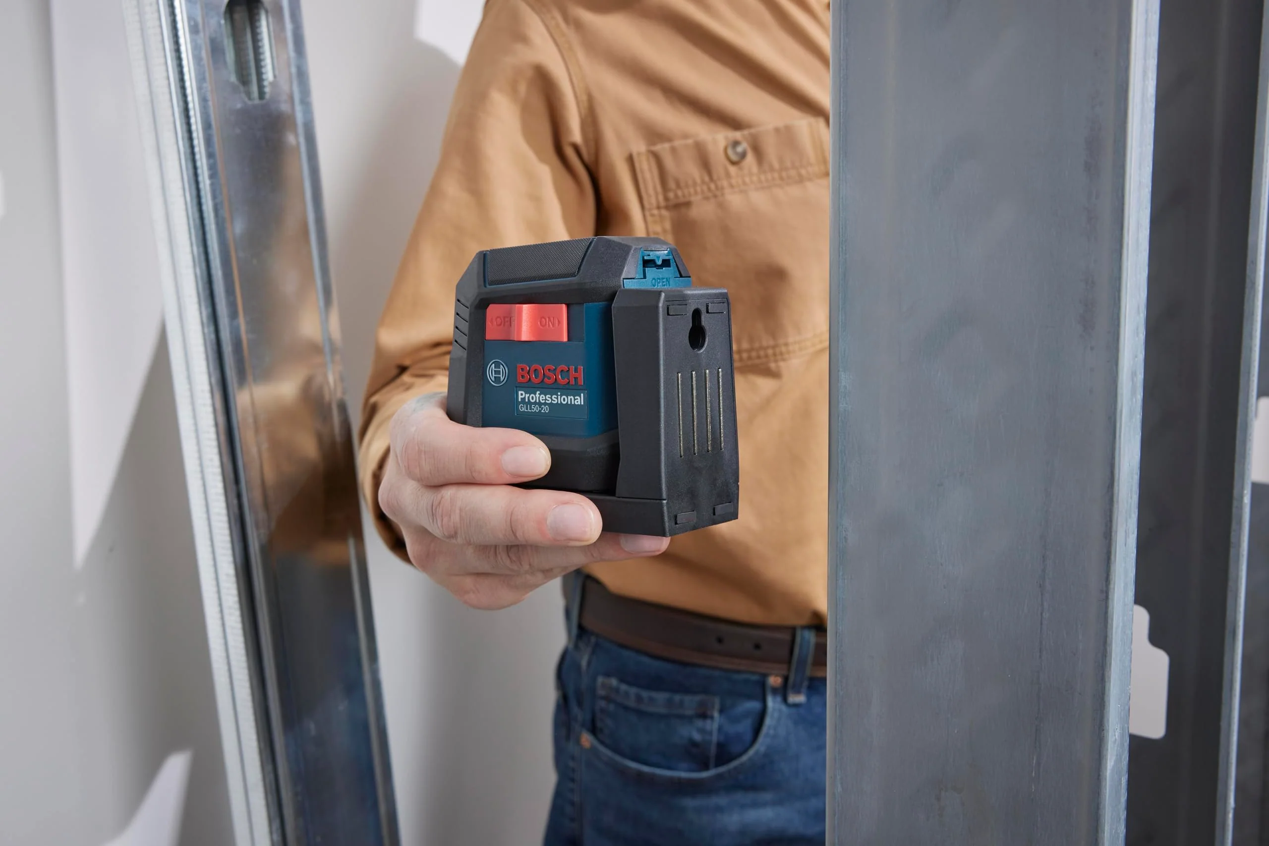 BOSCH 50 Ft Self-Leveling Cross-Line Laser with Magnetic Mount & Batteries, IP55 Rated, High Accuracy, Compact Design