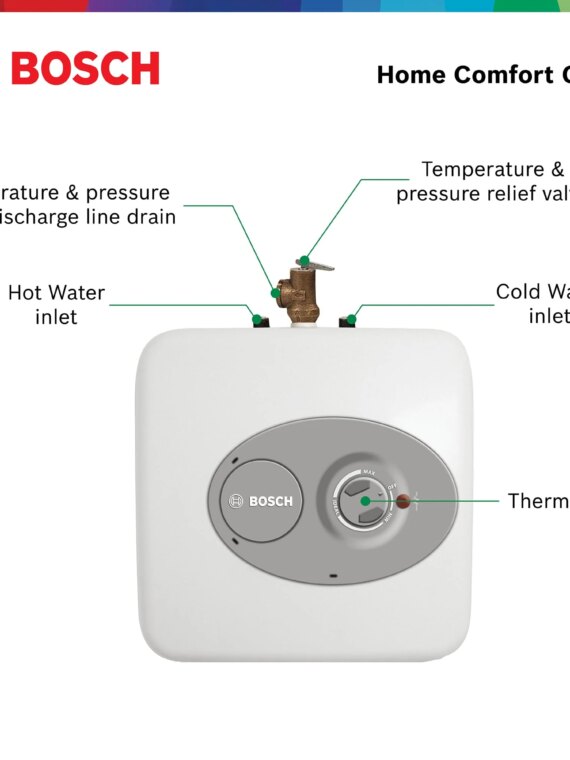 Bosch Tronic 3000 T 2.5-Gallon Electric Mini-Tank Water Heater, Compact Wall/Floor Mount, 98% Efficiency, Easy Install