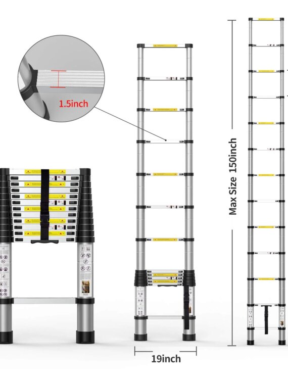 BOWEITI 15.5FT Aluminum Telescoping Extension Ladder, 330 lb Capacity, Compact & Durable for Home and Commercial Use