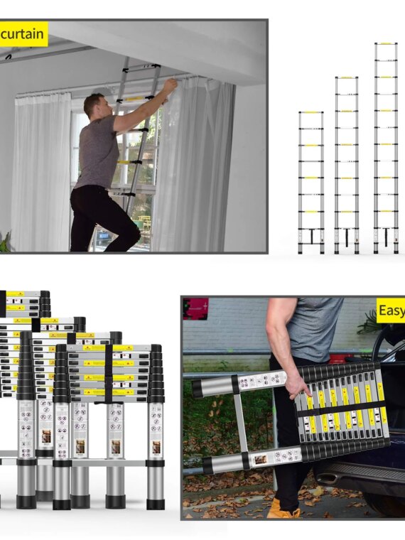 BOWEITI 15.5FT Aluminum Telescoping Extension Ladder, 330 lb Capacity, Compact & Durable for Home and Commercial Use