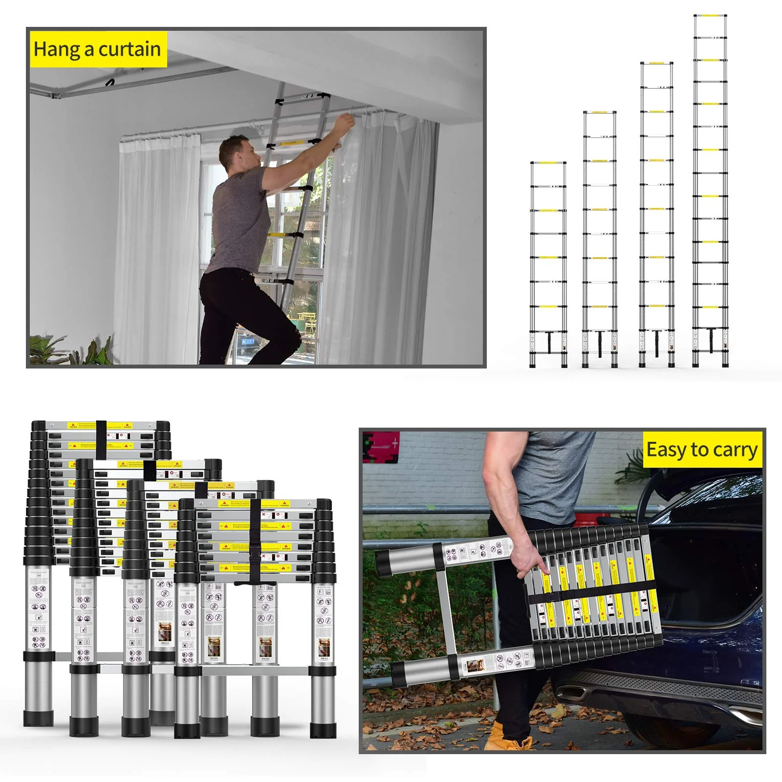 BOWEITI 15.5FT Aluminum Telescoping Extension Ladder, 330 lb Capacity, Compact & Durable for Home and Commercial Use