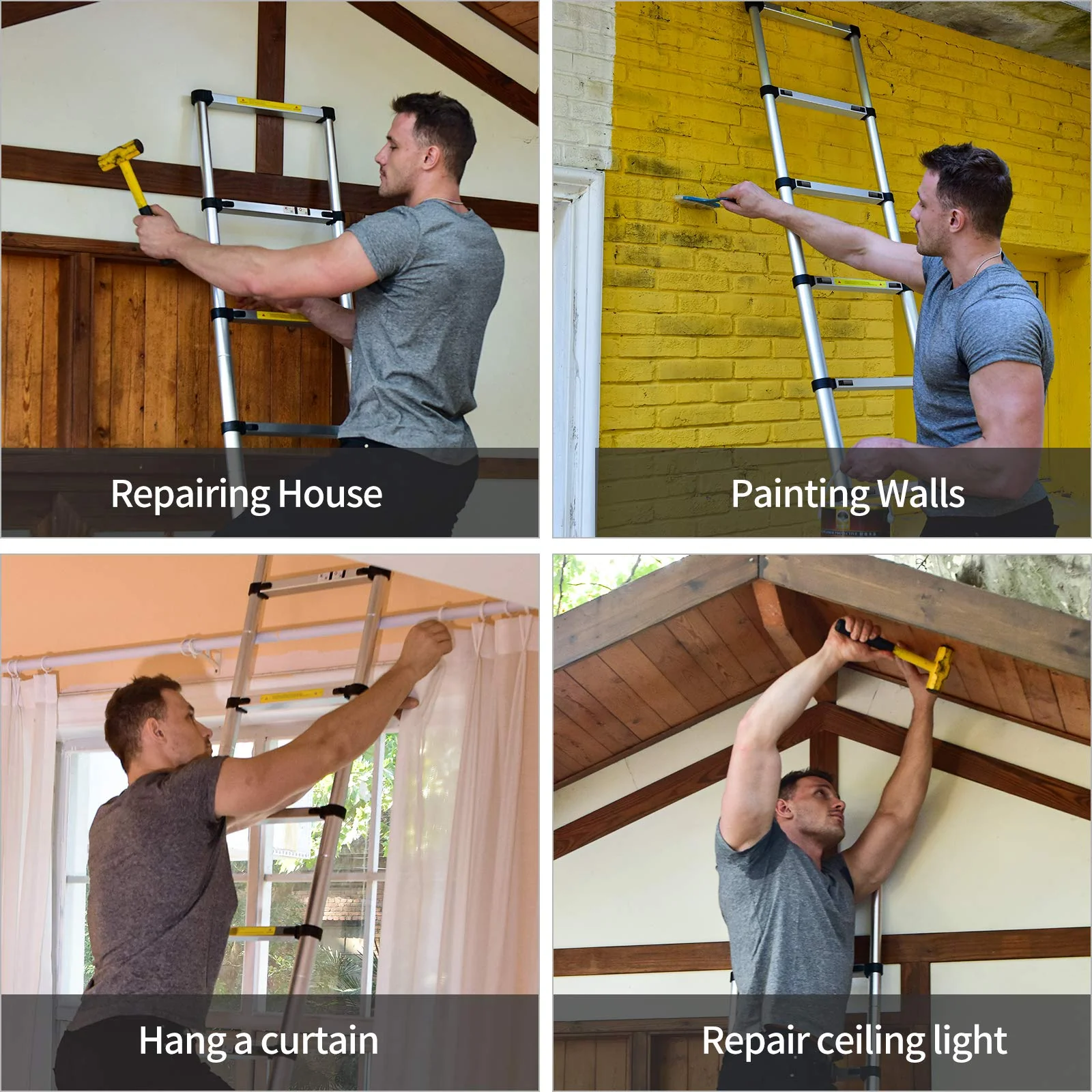 BOWEITI 15.5FT Aluminum Telescoping Extension Ladder, 330 lb Capacity, Compact & Durable for Home and Commercial Use