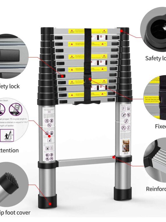 BOWEITI 15.5FT Aluminum Telescoping Extension Ladder, 330 lb Capacity, Compact & Durable for Home and Commercial Use