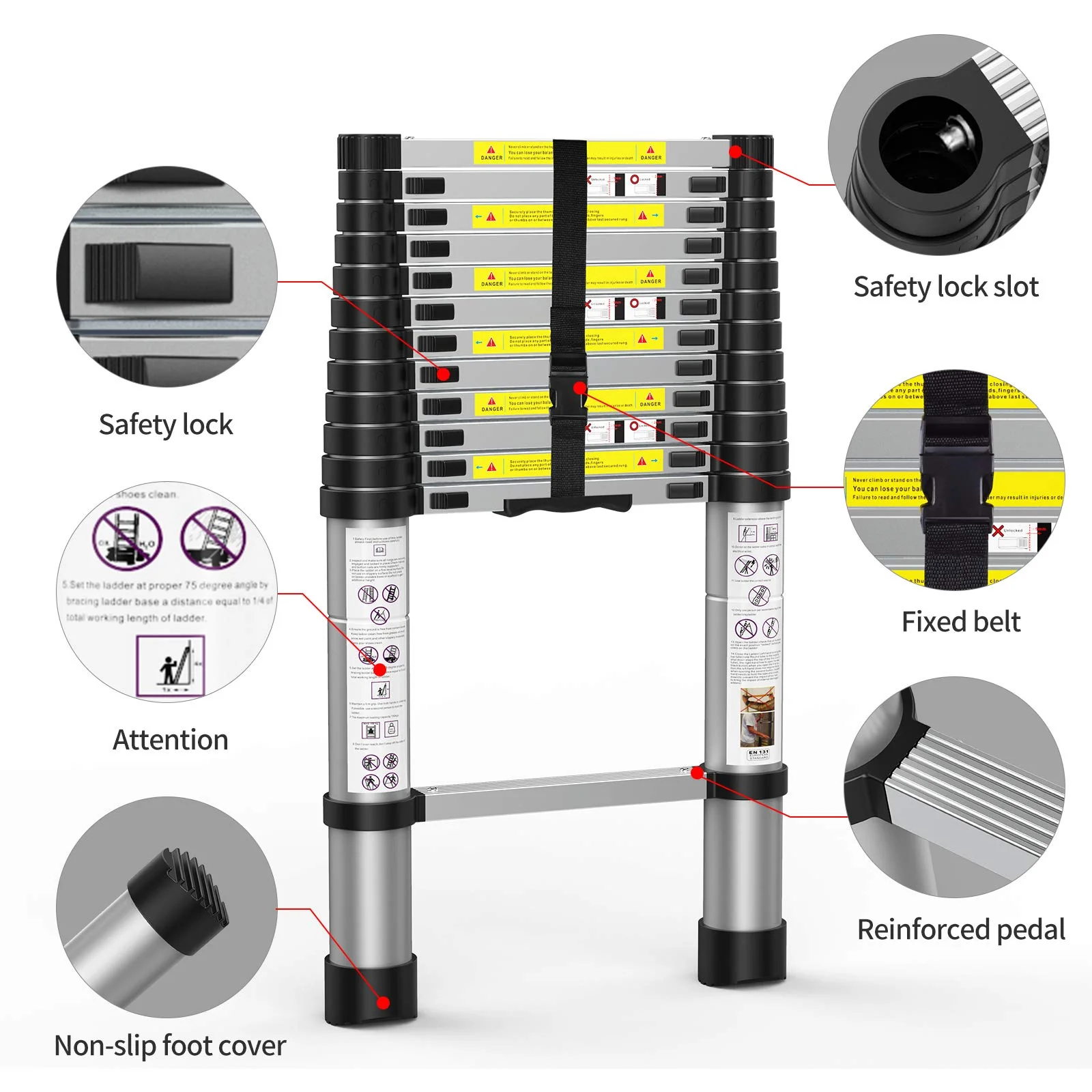 BOWEITI 15.5FT Aluminum Telescoping Extension Ladder, 330 lb Capacity, Compact & Durable for Home and Commercial Use