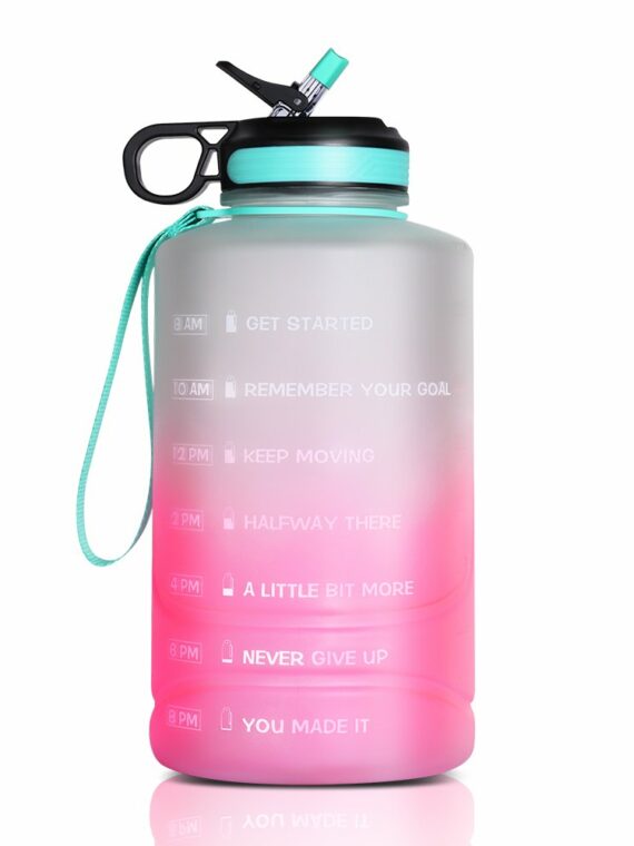 Brand 128 oz Water Bottle with Time Marker, Straw & Chug Lids, BPA-Free, Gallon Jug with Handle for Gym & Bike