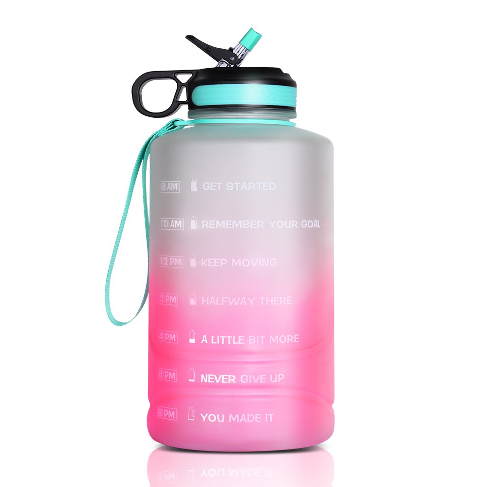 Brand 128 oz Water Bottle with Time Marker, Straw & Chug Lids, BPA-Free, Gallon Jug with Handle for Gym & Bike
