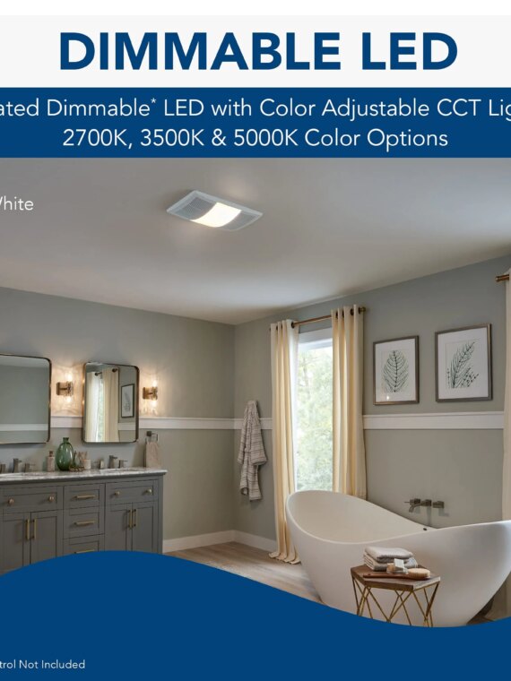Broan-NuTone Bathroom Exhaust Fan with Light & Heater, 80 CFM, Dimmable LED, White Grille, 1300W Heater