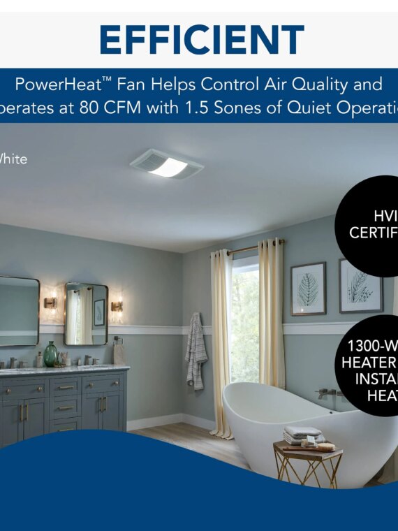 Broan-NuTone Bathroom Exhaust Fan with Light & Heater, 80 CFM, Dimmable LED, White Grille, 1300W Heater