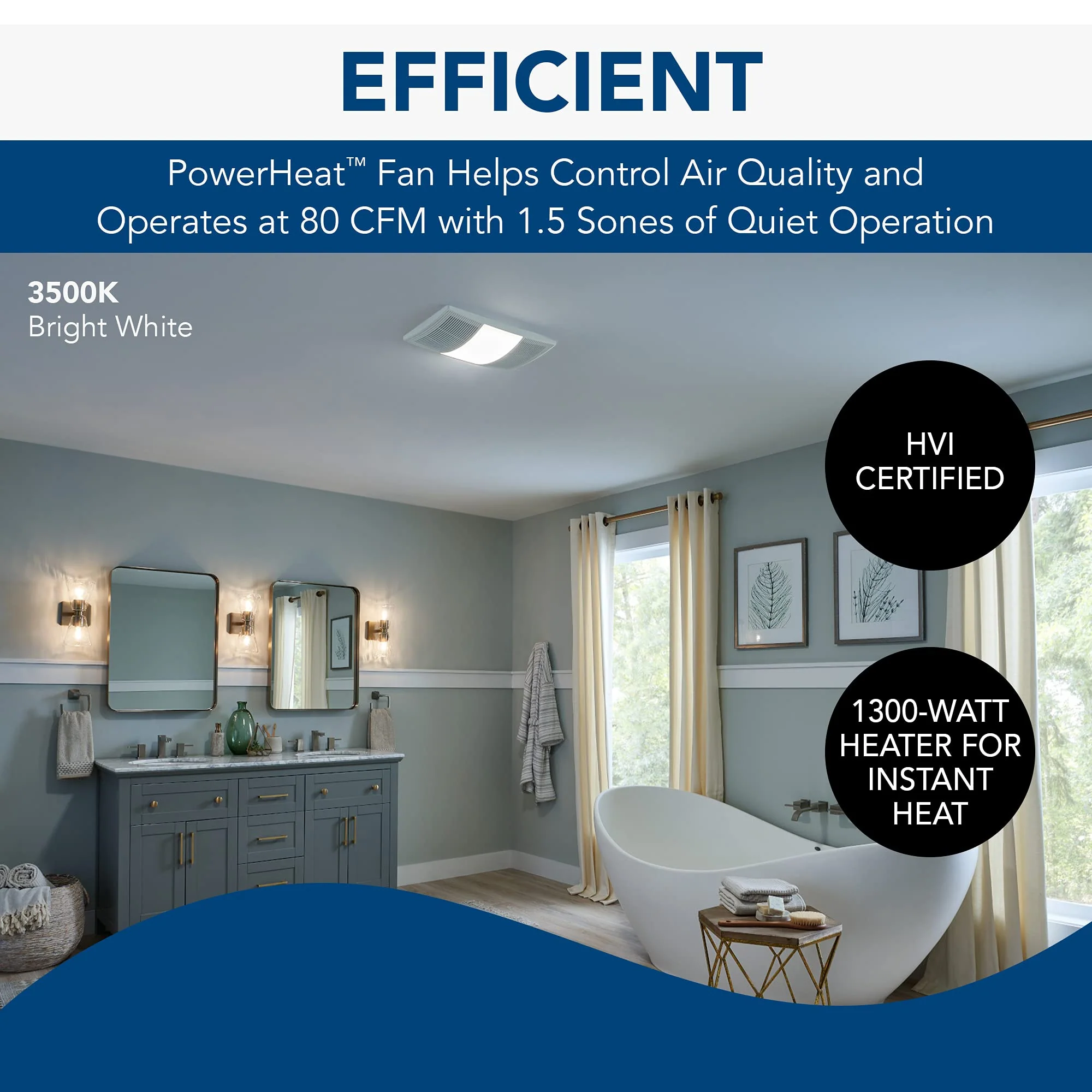 Broan-NuTone Bathroom Exhaust Fan with Light & Heater, 80 CFM, Dimmable LED, White Grille, 1300W Heater
