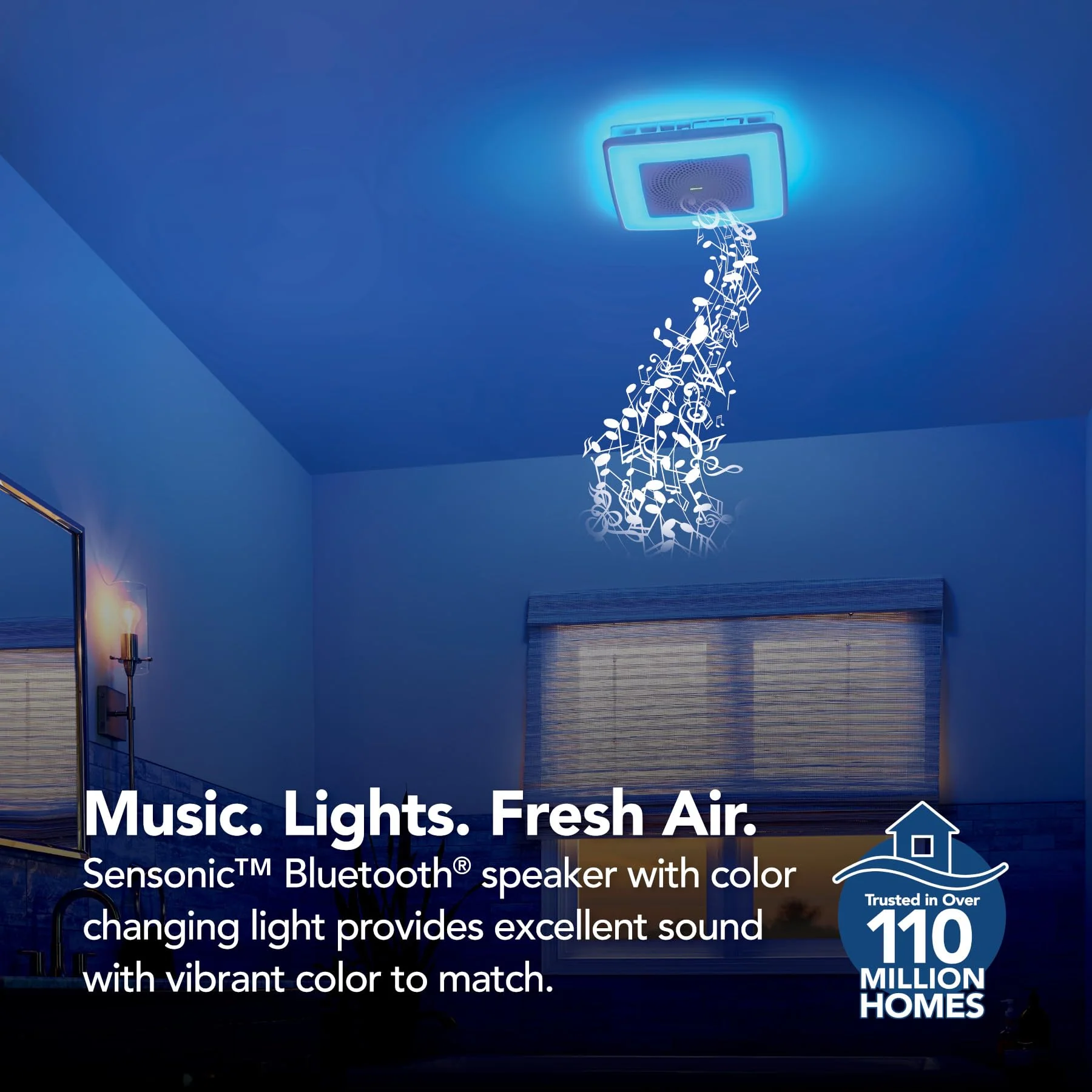 Broan-NuTone ChromaComfort Bathroom Exhaust Fan with 24-Color LED, Bluetooth Speaker, Ultra-Quiet 110 CFM, Easy Install