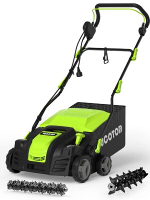 BUCOTOD 16-Inch Electric Dethatcher & Scarifier, 2-in-1, 15-Amp Motor, Adjustable Depth, Lawn Care Tool