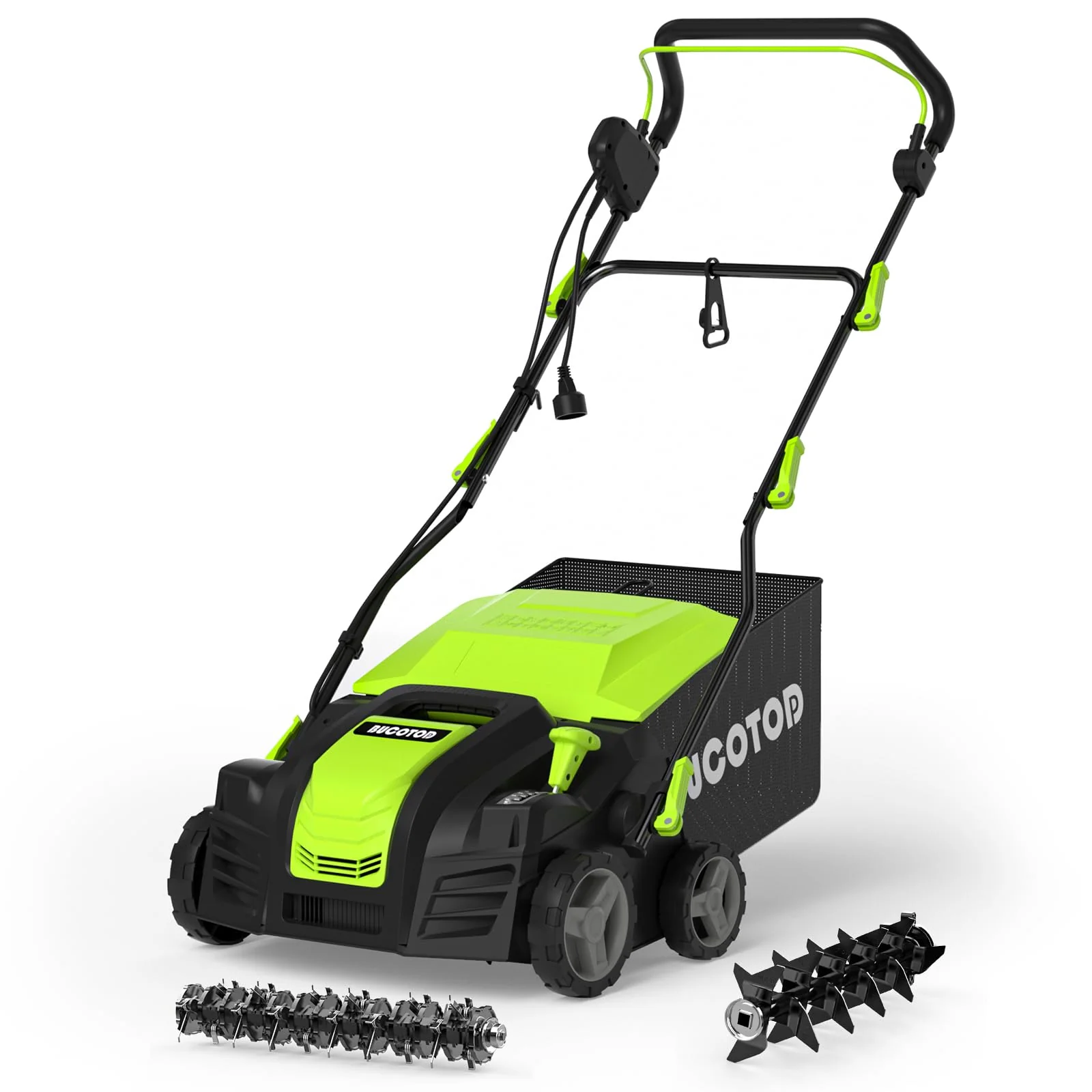BUCOTOD 16-Inch Electric Dethatcher & Scarifier, 2-in-1, 15-Amp Motor, Adjustable Depth, Lawn Care Tool
