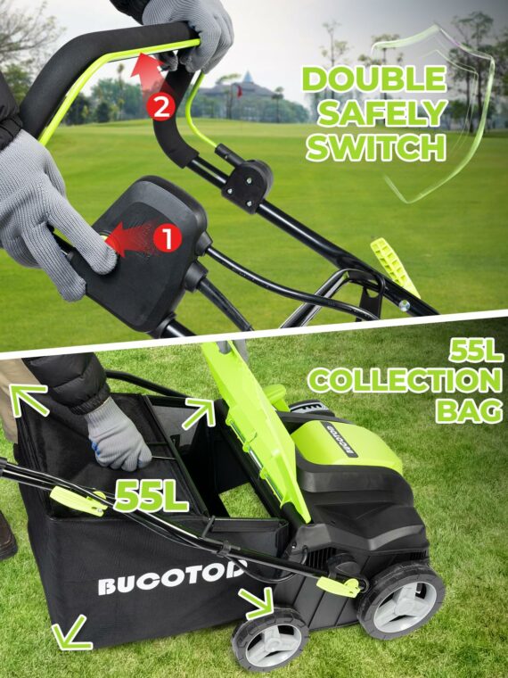 BUCOTOD 16-Inch Electric Dethatcher & Scarifier, 2-in-1, 15-Amp Motor, Adjustable Depth, Lawn Care Tool