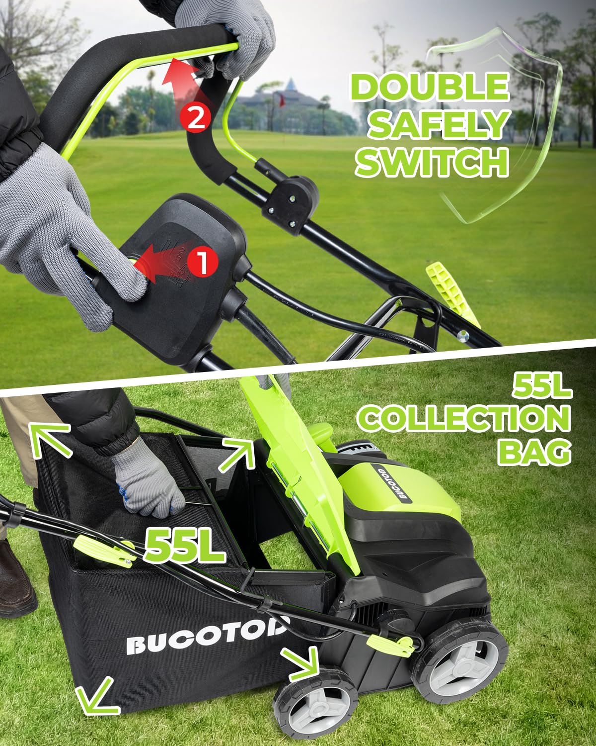 BUCOTOD 16-Inch Electric Dethatcher & Scarifier, 2-in-1, 15-Amp Motor, Adjustable Depth, Lawn Care Tool