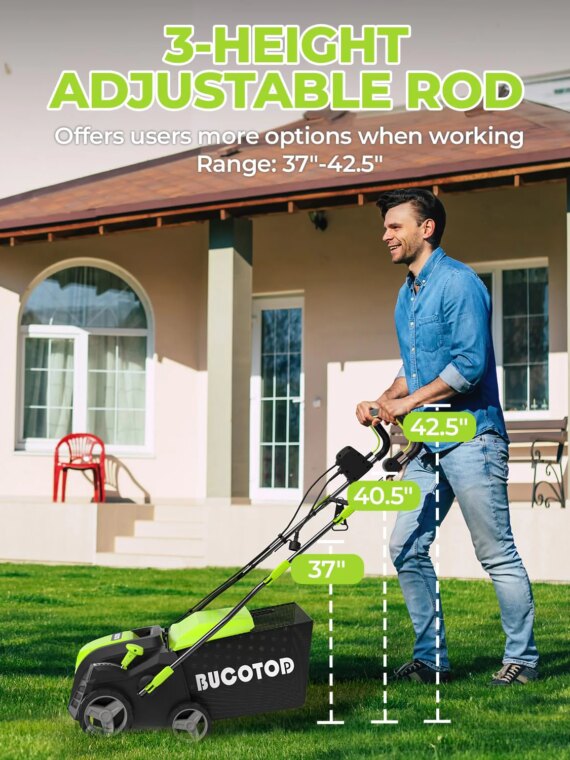 BUCOTOD 16-Inch Electric Dethatcher & Scarifier, 2-in-1, 15-Amp Motor, Adjustable Depth, Lawn Care Tool